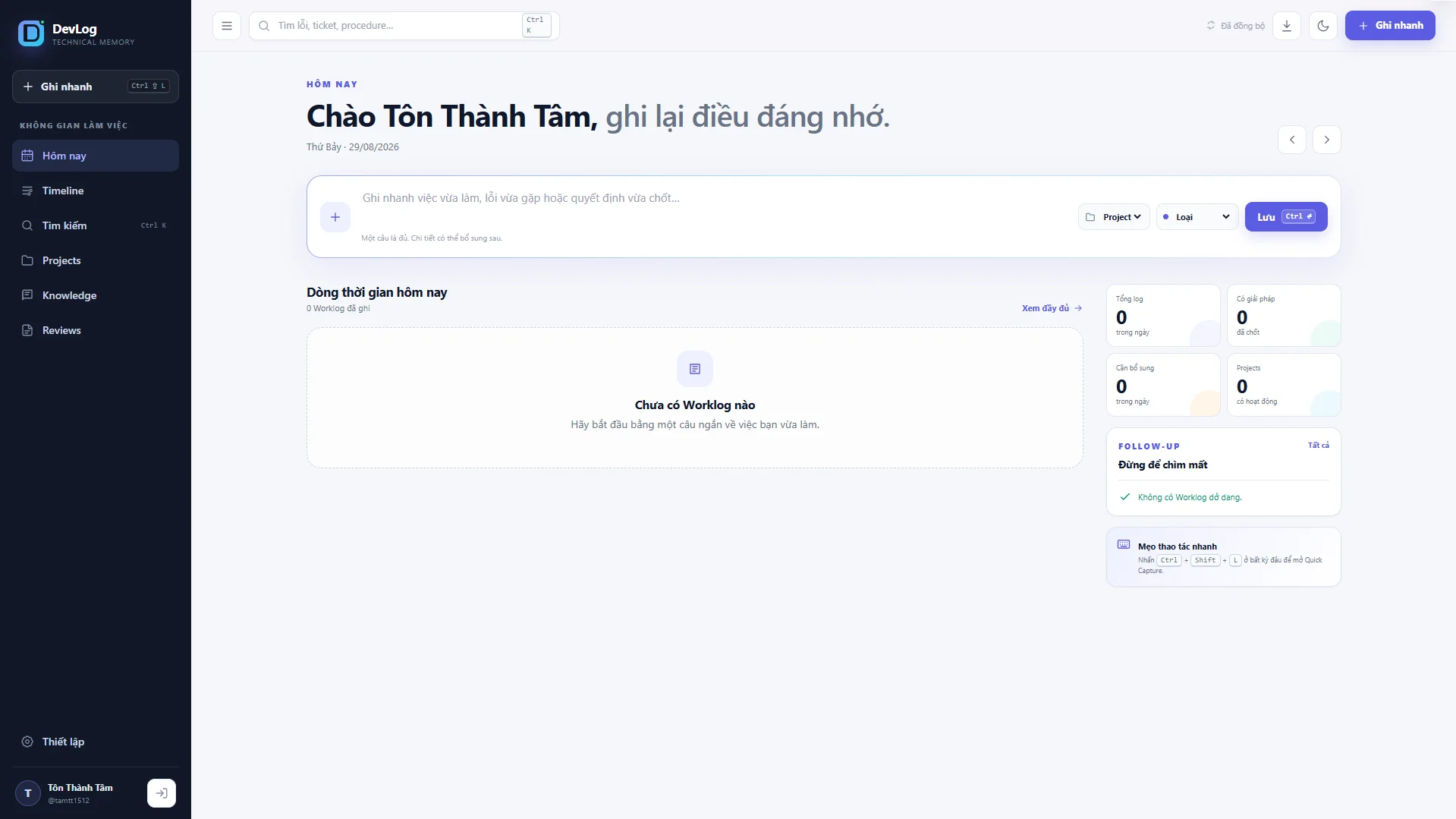 Giao diện Developer Worklog